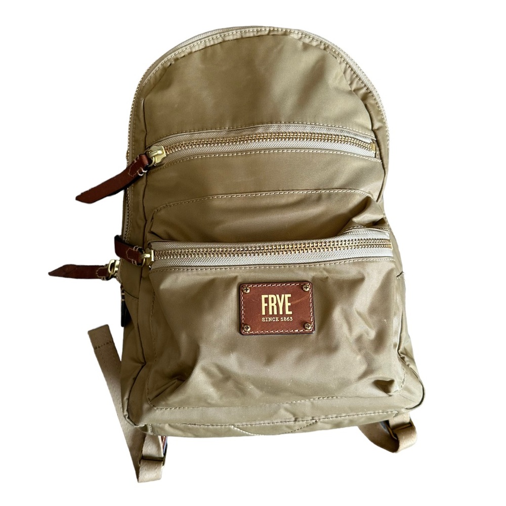 Frye Ivy Nylon Backpack Tan Bag Zipper Leather Brown School Work Gym LAR…